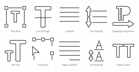 A set of 10 editing tools icons as text area, line through, justified
