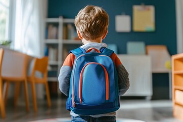 Back view of a boy kid entering the classroom with his backpack , back to school concept image