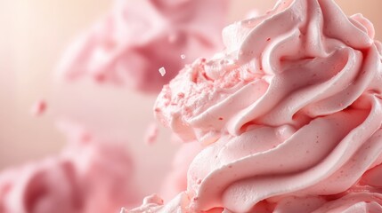 A delightful swirl of light pink whipped cream with a fluffy texture, capturing the essence of sweetness and decoration for dessert or culinary art themes.