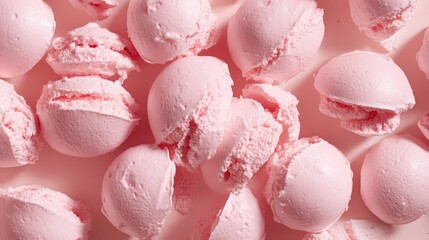Multiple scoops of pale pink ice cream arranged on a textured surface, highlighting a delightful and creamy appearance ideal for summer or dessert visuals.