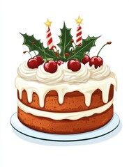 Delicious holiday cake decorated with cherries and festive greenery for a joyful celebration