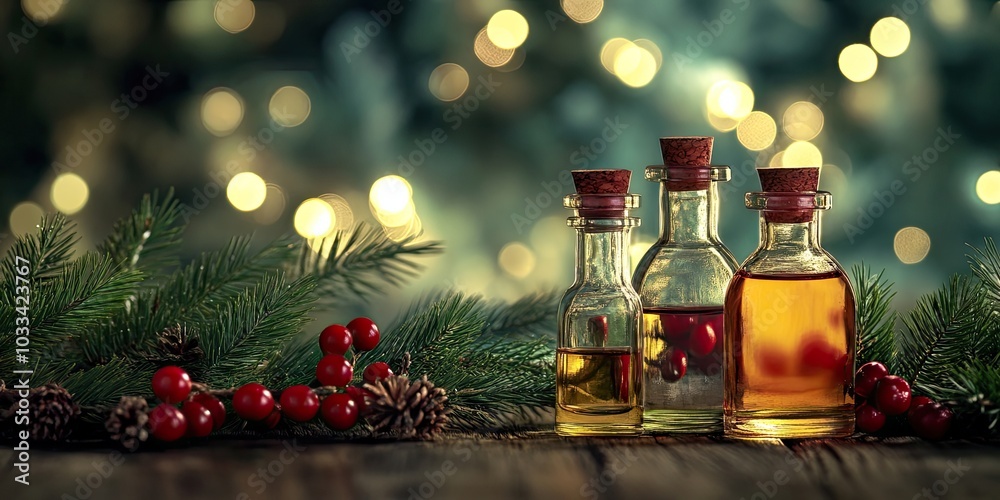 Poster christmas branch and small decorated bottles in the background