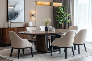Creative composition of elegant dining room interior with  table, chairs, commode, decorations and personal accessories. Home decor.  Beige wall, Generative AI