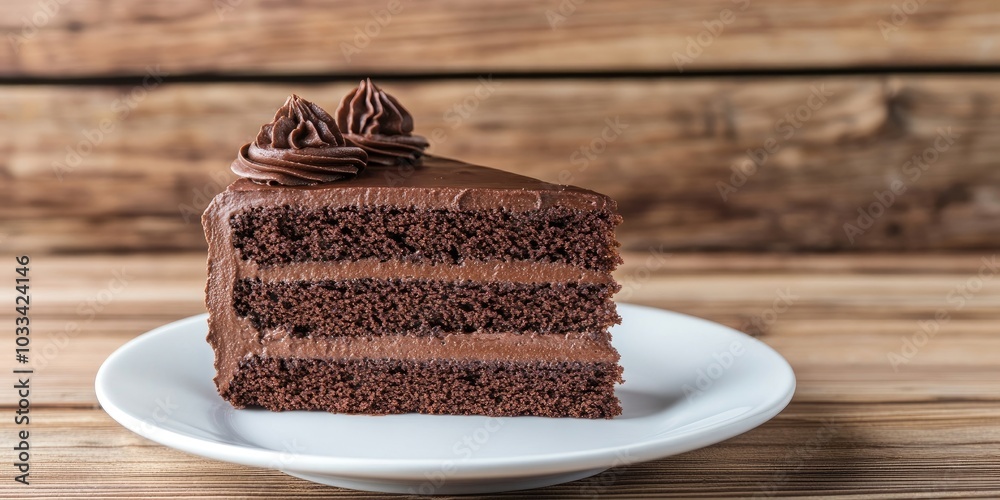 Poster a slice of chocolate cake is set on a white plate against a wooden background with copyspace.