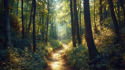 Obraz premium Hiker's point of view of narrow trail winding through dense forest