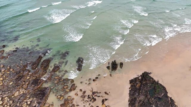 Portugal beach - an aerial shot of the sandy Matosinhos beach at the Atlantic Ocean.