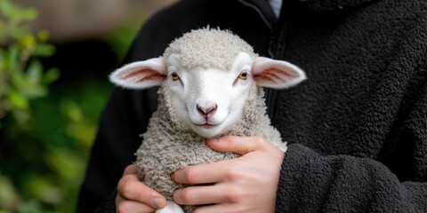 Naklejka premium Cute Lamb Held by Farmer in Field Sheep Agriculture Animal Care Countryside