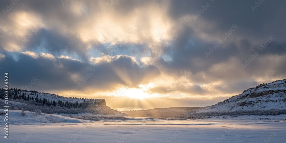 Poster sunlight breaking through the clouds in the winter sky.