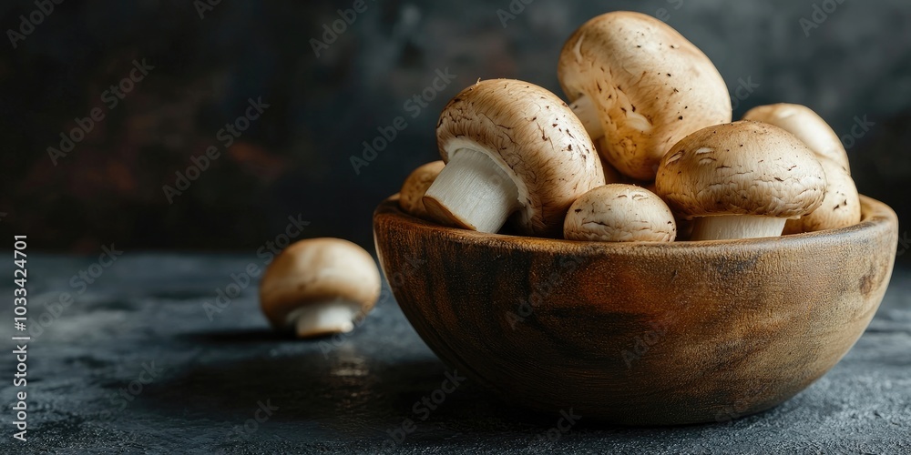 Poster button mushrooms in a wooden bowl with copyspace and a moody background, focused selectively.
