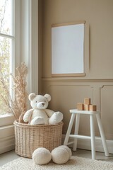 Interior design of kids room interior with wicker basket, plush animal toys, poster, wooden blockers, ladder, white stool, beige wall with stucco and personal accessories. Home decor, Generative AI