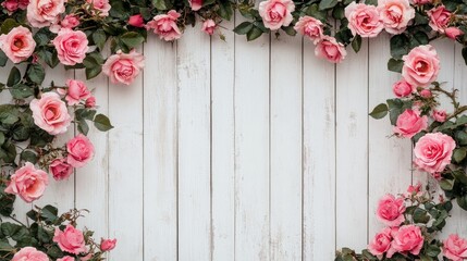 A beautiful arrangement of pink roses framing a rustic white wooden background, perfect for invitations or romantic themes.