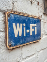 Vintage Wi-Fi sign on a white brick wall.