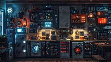 Fototapeta premium An indoor scene showcasing smart home technology through the Internet of Things (IoT), featuring holographic displays and advanced devices. This image embodies the future of intelligent living and con