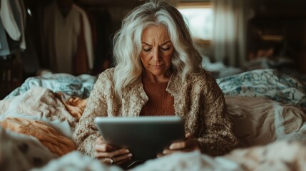 A mature woman is using a tablet in a warm, inviting bed setting, showcasing the melding of technology and comfort during a leisurely morning.