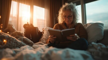 An elderly woman is engrossed in a book while sitting on her bed as the evening light filters through a window, symbolizing peace and contemplation.