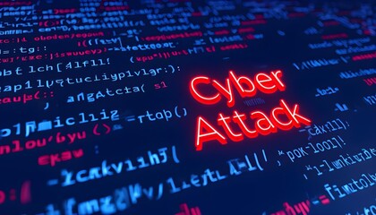 Cyber Attack text with code background, dark blue and red, digital security concern