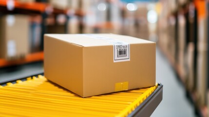 A brown cardboard box on a conveyor belt in a warehouse setting, showcasing storage and logistics operations in action.