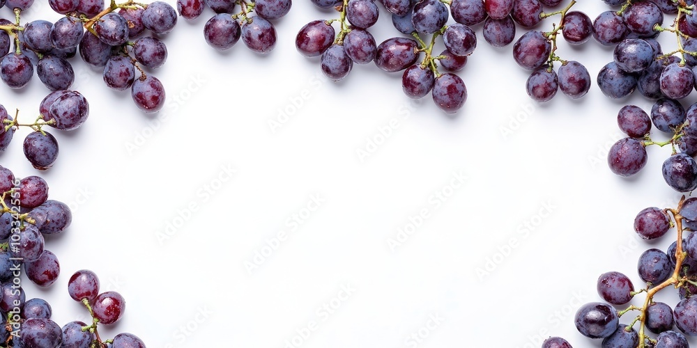 Poster Grape berries. Grape berries placed on a blank (white) background, arranged at both the top and bottom, with copyspace. Top view.
