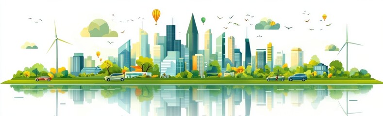 Sustainable cityscape illustration showcasing green energy with wind turbines and modern urban skyline against a clear sky with reflections in water, highlighting eco-friendly transportation and