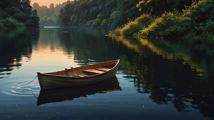 a boat is floating on a lake with a sunset background.