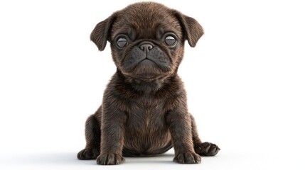 Obraz premium A brown pug puppy sits facing the camera, its big eyes looking directly at the viewer. The puppy has a wrinkled face and short, stubby legs. It is isolated against a white background.