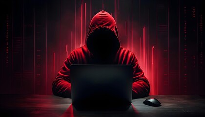 Mysterious figure in red hoodie using laptop with glowing red background, cyber security theme