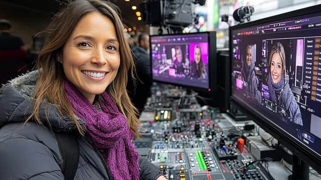 A lively broadcast unfolds as a presenter interacts with the crew and equipment amidst a bustling city atmosphere