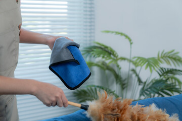 Housekeeper is holding a microfiber cloth and feather duster while preparing to dust furniture...