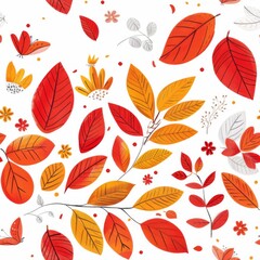 Light Seamless Pattern with Red, Yellow, and Orange Leaves, Thin Branches, Autumn Texture on White Background