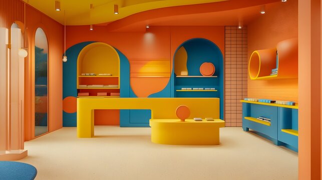 89. "A vibrant 3D render studio with bold colors and playful designs, showcasing an empty display area for imaginative products