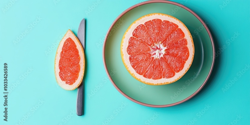 Poster Plate with a slice of ripe grapefruit and a knife on a colored background.