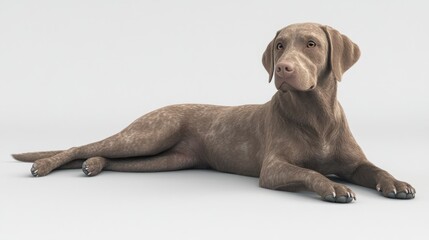 A brown labrador retriever dog lying on a white background, looking to the right.