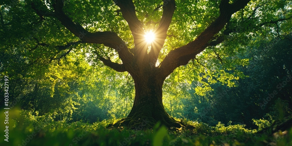 Aufkleber fresh green tree in the forest viewed from below, with sunlight filtering through the branches and l