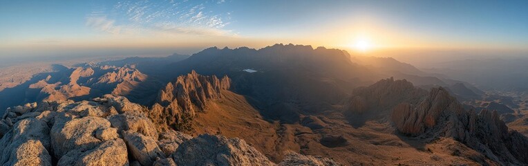 Naklejka premium Mountainous Landscape with Sun Setting Over a Valley
