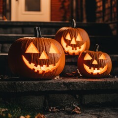 Obraz premium Three glowing jack-o'-lanterns with carved faces sit on a set of stone steps in front of a house.