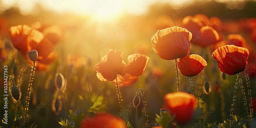 Poster Close-up in a poppy field with the sun. Concept of spring and summer nature background. Shallow depth of field with selective focus.
