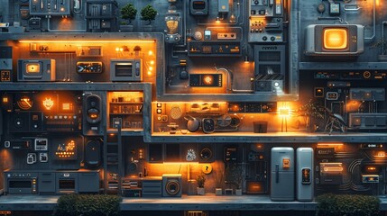 Fototapeta premium An indoor scene showcasing smart home technology through the Internet of Things (IoT), featuring holographic displays and advanced devices. This image embodies the future of intelligent living and con