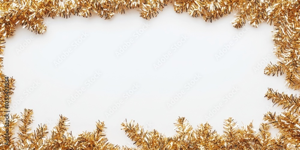 Poster Frame of glittering tinsel on a white background, top view. Space for text.