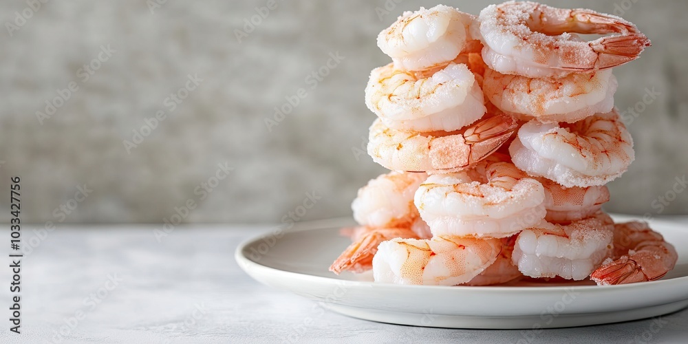 Poster a stack of frozen shrimp on a white plate against a white backdrop. copy space.