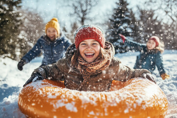 family playing in the forest
