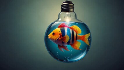 A concept illustration of colorful fish swimming inside a glass lightbulb filled with water, symbolizing imagination and creativity within the constraints of everyday life.