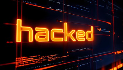 Glowing Hacked text on digital screen, cybersecurity breach, cybercrime warning