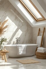 Fototapeta premium Stylish bathroom interior design with marble panels. Bathtub, towels and other personal bathroom accessories. Modern glamour interior concept. Roof window, Generative AI