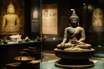 Ancient Buddhist Scriptures and Artefacts in Museum Setting  