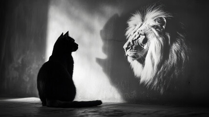 A black cat sits in a dimly lit room, its shadow on the wall revealing the powerful image of a lion, representing the inner strength and spirit of the small feline.