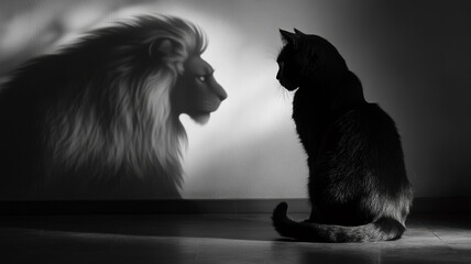 A black cat sits in a dimly lit room, its shadow on the wall revealing the powerful image of a lion, representing the inner strength and spirit of the small feline.