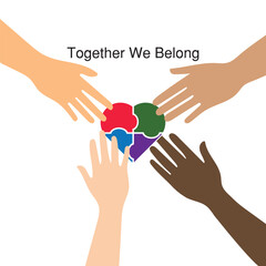 four Hands Holding love puzzle in Unity Illustration, Together we belong text suitable for diversity background