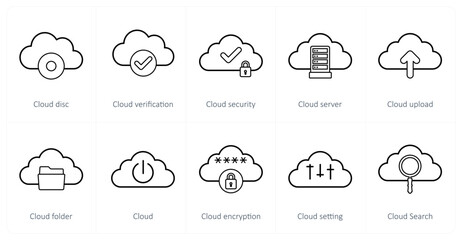 A set of 10 big data icons as cloud disc, cloud verification, cloud security