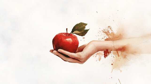 Forbidden Fruit: A hand delicately holds a glistening red apple, surrounded by a dramatic burst of color, hinting at temptation and consequence.