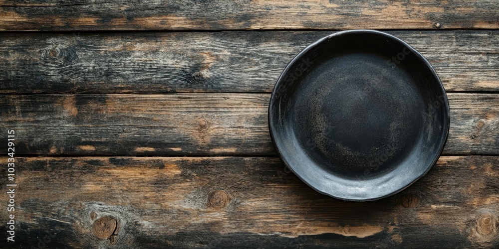 Poster table arrangement featuring a vintage empty black plate on rustic wood. dark backdrop. top view. cop